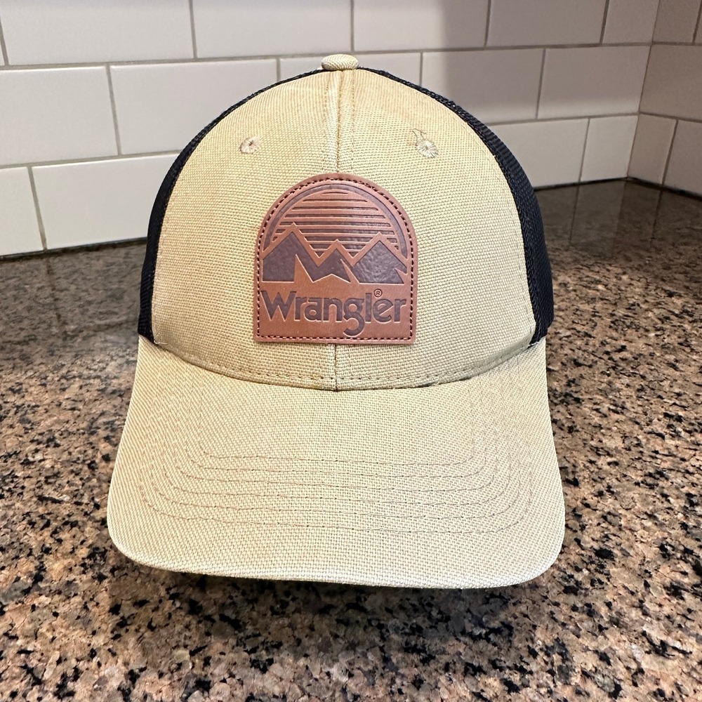 Wrangler Trucker Hat Snapback Adjustable Khaki Black Leather Patch Mountain